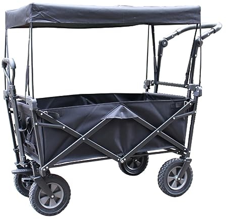 CCYENG Trolley-Karren, zusammenklappbarer Wagen mit Sonnenschutz und Regenschutz, verstellbarem Schiebe- und Ziehgriff, abnehmbarem Canvas-Überdach, Trolley zum Einka