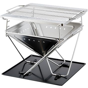 Explorer Bear 20 Stainless Steel Foldable Takibi Fire & Grill with Carrying Bag, Bridge, and Coal Bed | Portable Wood Burning Grill and Fire Pit | Perfect for Camping, Outdoors, Patios