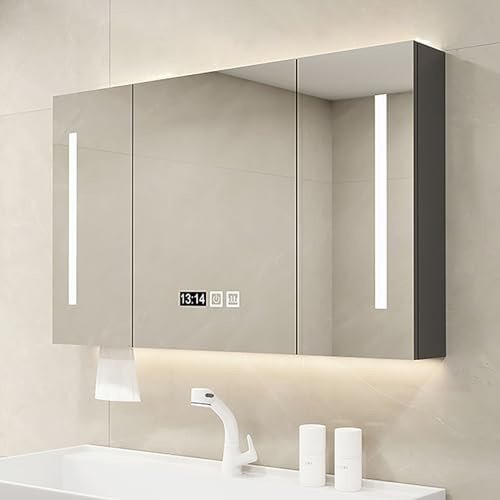 badrumsskåp, spegel med medicinskåp, badrumsspegel med förvaringsutrymme, badrumsskåp av aluminium med anti-dim, kontinuerligt dimbart ljus, vit 100 * 70 * 12 cm grå 1