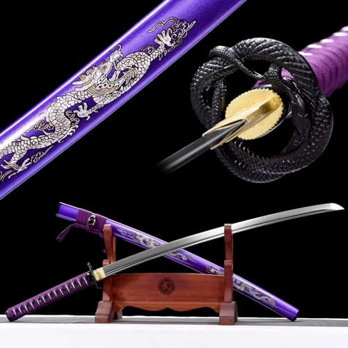 KWXPW 103cm Lila Katana,Federstahl Klinge,Holzscheide mit gemalte Muster,handgefertigt Samurai-Schwert,real Katana für Kendo-Training,Display,Dekoration,Requisiten,Geschenke,Festivals,Sammlungen