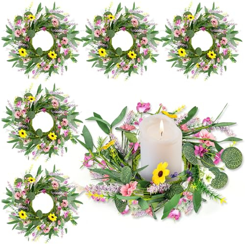 6 Pcs Spring Summer Artificial Flowered Wreath Mini Floral Wedding Candle Rings Wreaths 3inch Kitchen Cabinet Swags Wreath Pillar Candle Holder for Wedding Spring Summer Home Door Tabletop Decoration