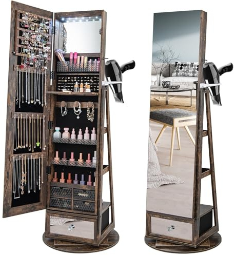 RELAX4LIFE Schmuckschrank 360° drehbar, 4-in-1 Spiegelschrank mit LED-Lichts & Schubladen & Regalen Schmuckaufbewahrung Ganzkörperspiegel, Schmuckständer abschließbar (Rustikales Braun)