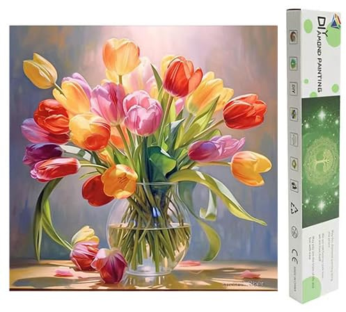 DCIDBEI Groß und Klar Perlenbilder Erwachsene Blumen Tulpe 40x40cm Diamond Painting Bilder Malen nach Zahlen Blume Tulpe Diamond Painting Blumen Tulpe Blumenstrauß Wohltätig Schönheit Ewiger Segen Box