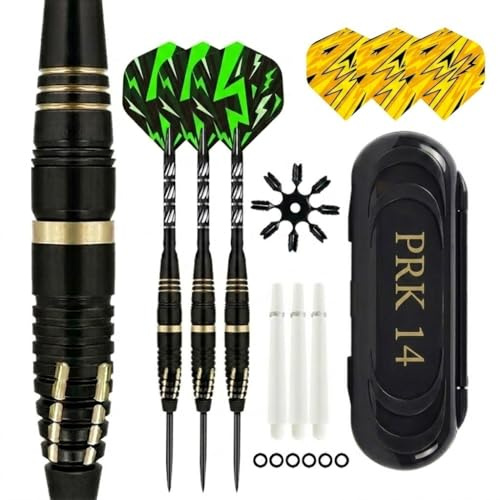 PRK 14 professionellt dartset – 3 x 24 g svart och guld med stålspetsar aluminiumaxlar i resefodral med tillbehör O-ringar stjälkar och reservflyg