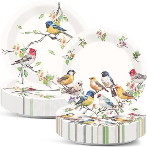 Naozinebi 50 platos de papel para pájaros de 7 pulgadas, platos de postre de fiesta floral de pájaros de acuarela para pájaros, vajilla de papel vintage para cumpleaños, boda, primavera, verano,