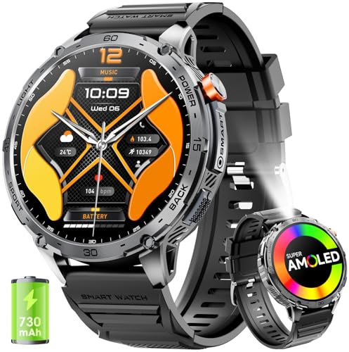 Reloj Inteligente Hombre 1,75 AMOLED 730mAh 110+ Modos Deportivos, Reloj Militar Hombre Pulsómetro/Sueño/Podómetro/IP68 Impermeable, Smartwatch con LED Linterna para Android iOS (Llamadas Bluetooth)