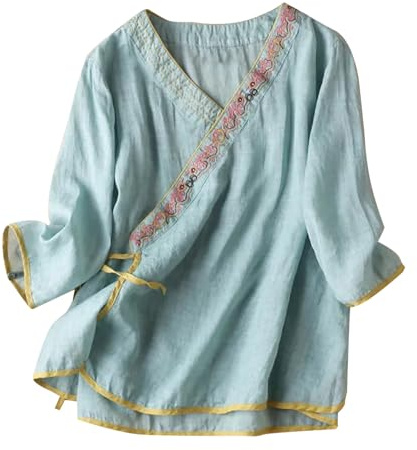 Camiseta Mujer Lino Algodón Manga Corta Camisa Estilo Chino Blusa Ligero Verano Moda Casual Color Sólido Cómodo Suelto Cuello en V Cordón Tops T-Shirt Elegante Basic tee Talla Grande