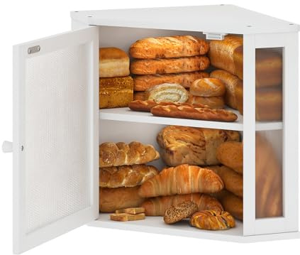 Furshus Eck-Brotbox für Küchenarbeitsplatte, Brotaufbewahrung für selbstgemachtes Brot, doppellagig, großer Bambus-Küchen-Aufbewahrungsbehälter mit Fenster (Weiß, mittel)