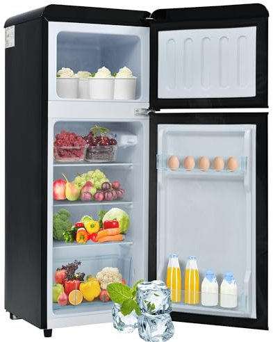 Oslghy Frigorífico Mini 92L, Frigorifico Pequeño con Congelador (28L+64L), Frigorifico Combi con LED, 105,5x41x45,5 cm Frigorífico no Frost con 2 Estantes Ajustables, 116 kWh/año, -27°C∽13°C (Black)