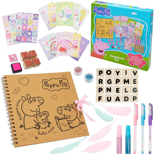 Peppa Pig Scrapbooking Kit Bambini, 51 Pz Kit Arte Bambina, Libro di Adesivi Penne Gel Piuma e Set Colori, Scrapbooking Accessori, Regali per Bambini
