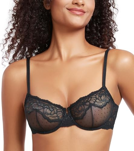 DotVol Women's Sexy Sheer Lace Halfcup See Through Balconette Unlined Underwire Everyday Bra(Black,38C)