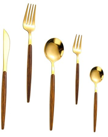UKCOCO Ensemble De Couverts Nordique 5 Pièces Doré Acier Inoxydable Manche Bois Service De Table Salle à Manger