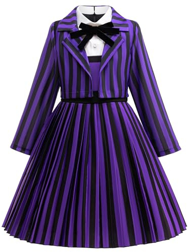 Kolegrial Déguisement Enid Fille Cosplay Mercredi 2 Nevermore Academy Enid Sinclair Rayures Uniforme Scolaire Veste Robe Nœud Papillon pour Enfant Carnaval Halloween Fête Robe de Bal, Violet, 4-12 ans