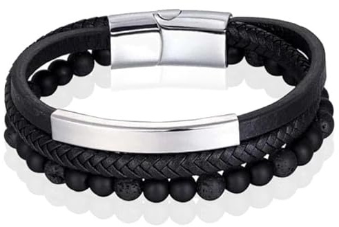 Herrarmband Memphis agat pärla flätat läder silver svart - 19 cm