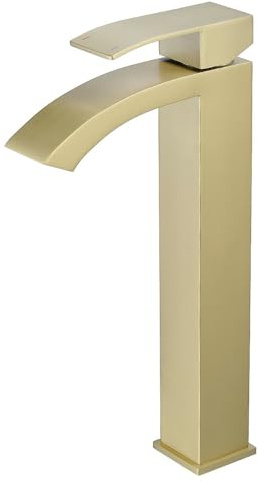 Heable Tall Bathroom Basin Mixer Taps Brushed Gold Mono 1 Hole Round Cloakroom Faucet with High Spout Modern Single Lever Washroom Faucets High Rise Bathroom Sink Tap with G1/2 Hoses