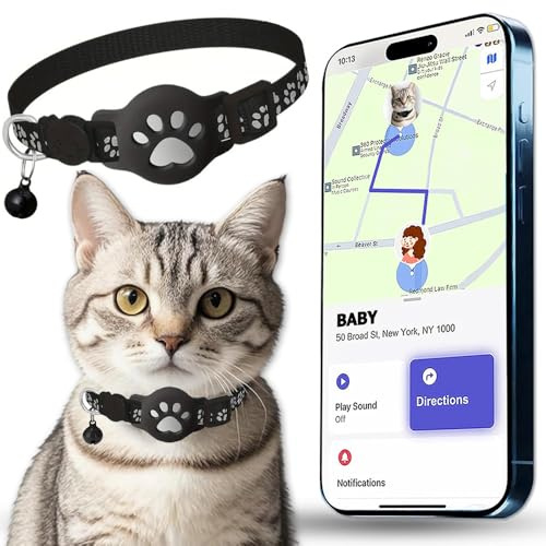 Cat Tracker Collar for Small Cats, Real Time Cat GPS Tracker No Monthly Fee, No SIM Required, Pet Tracker for Cats Works with Apple Find My (Only iOS) (Collar + white tracker)