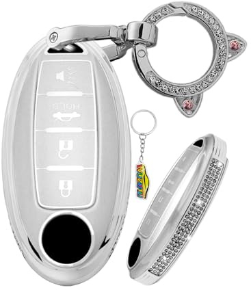 WUZUTU Chiave auto in TPU Keyless Go, custodia portachiavi compatibile con Nissan 350Z Leaf Qashqai J11 Juke 2023 X-Trail Micra K13 Cube Qashqai bordi diamantati custodia portachiavi B argento 1