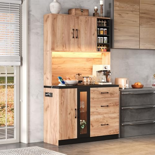 BTM 180cm Hochschrank mit LED Küchen Buffetschrank Küchenschrank Vitrinenschrank Aufbewahrungsschrank, Schwarz und Holzoptik