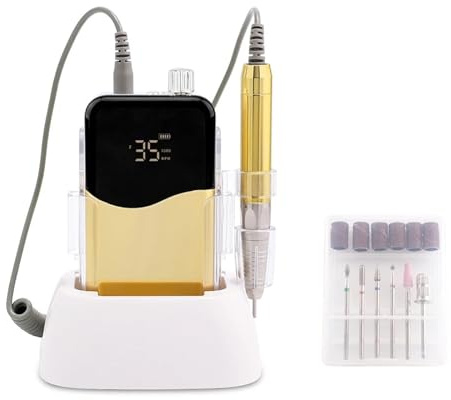 Ponceuse à ongles, Machine de manucure électrique à moteur sans balais 35000 tr/min 85 W, perceuse ongles rechargeable dorée avec base charge(Wave)