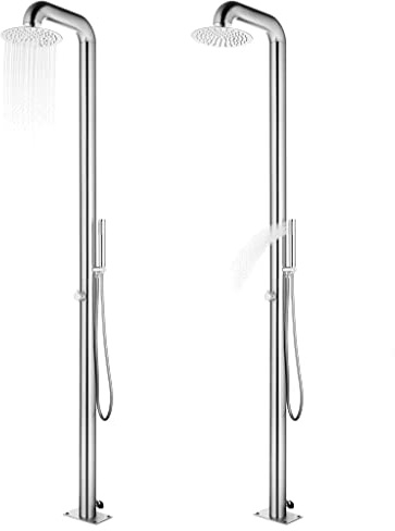 Ducha de jardín de acero inoxidable con placa de suelo de WPC gris de 230 cm de altura, incluye ducha de mano con manguera de 1,5 m, ideal para piscina de jardín, piscina, jacuzzi y exterior