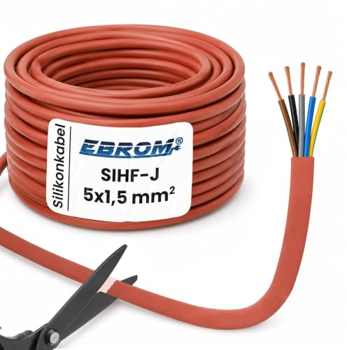 Câble en silicone pour sauna SIHF-J 5 x 1,5 mm² – Par exemple pour le poêle de sauna jusqu'à 4,5 kW, 99,9 % cuivre OFC étamé – Vendu au mètre – Choix par incréments de 1 m, votre choix : 8 m 5 x 1,5