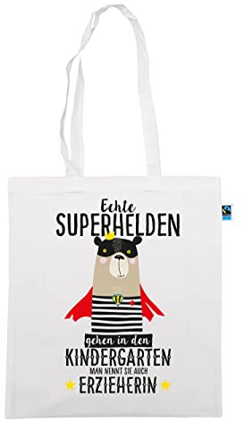 clothinx Erzieherin Stoffbeutel mit Spruch - Echte Superhelden gehen in den Kindergarten man nennt sie auch Erzieherin - Geschenk Abschied - Bio & Fair Baumwolle lange Henkel