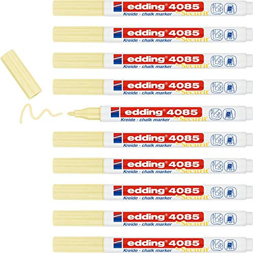 edding 4085 Kreidemarker - pastel-gelb - 10 Kreidestifte - Rundspitze 1-2 mm - dünner Kreidestift für Tafel abwischbar - zum Beschriften von Fenster, Glas, Spiegel - Tafelstift mit deckenden Farben