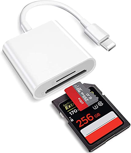 Lecteur de carte mémoire 2 en 1 Lightning vers SD pour iPhone, [certifié Apple MFi] Double fente Micro SD TF Trail Game Camera lecteur de carte mémoire adaptateur, transfert rapide de photos et vidéos