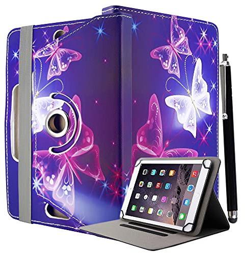 Universal-Schutzhülle für Tablets mit 25,4 cm (10 Zoll), hochwertiges PU-Leder, 360 Grad drehbar, Standfunktion, inkl. Eingabestift, Schmetterlingsblau