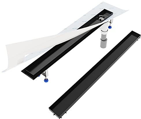 Aquabad Duschrinne SDS Schwarz Matt aus Edelstahl, Länge 80 cm, senkrechter Abgang Seite, Komplett Set - befliesbare Mulde, Siphon und Haarsieb