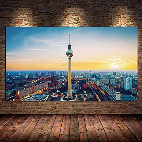 Leinwand Vlies Wandbild，Moderne Berlin City Skyline Landschaftsmalerei Rahmenlose Leinwand Malerei Leinwanddruck Wandkunst Poster Leinwand Wandkunst Geeignet Für Wohnzimmer Schlafzimmer,60X80 Cm/2
