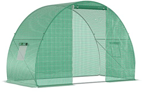 Outsunny Serra per Orto a Tunnel con Porta Avvolgibile e 2 Finestre, Serra da Giardino con Copertura in PE e Struttura in Acciaio, 1.5x3x2m, Verde