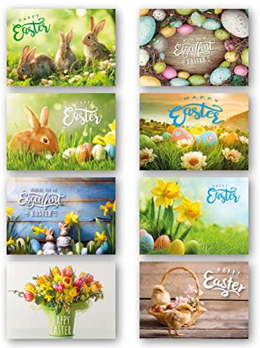 Paquete de 8 tarjetas de Pascua. Cada paquete múltiple de tarjetas de Pascua tiene 8 diseños diferentes de Pascua mixtos. Tarjetas ecológicas, reciclables, sin plástico, sobres y caja. Interior en