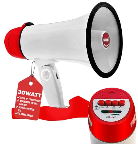 5 CORE Megaphone 30W Bull Horn PA Speaker w 800 Yards Range Loud Siren Voice Amplifier Portable Megafono for Outdoor Sports Cheerleading - 6R