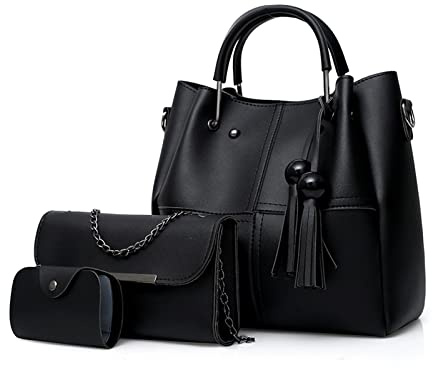 FANDARE Mode Damen-Henkeltaschen Wasserdicht Eimer Tasche Schultertaschen Umhängetaschen 3-teiliges Set Handtasche mit Fransen PU-Leder Kette Messenger-Tasche für Reisen Einkaufen Arbeiten Schwarz A