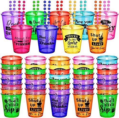 Trnayi 27 Pcs Shot Glass Necklaces Cups Bulk Plastic Shot Glass on Beaded Necklace Naughty for Adults and Teens Birthday Gifts Wedding Baseball Carnival Party Supplies