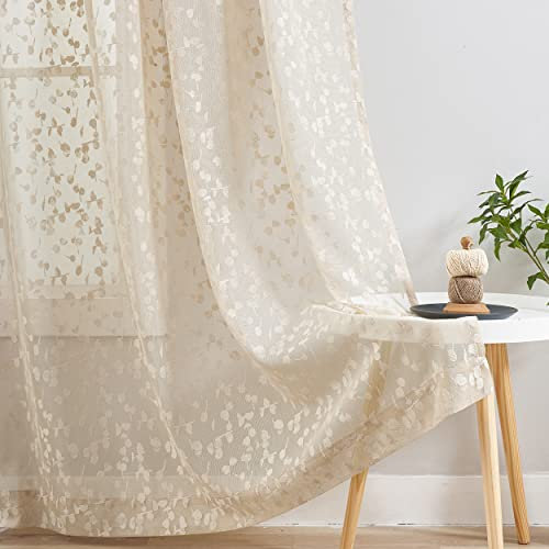 Treatmentex Beige Lace Sheer Curtains for Living Room Bedroom Leaf Buds Patterned Window Curtain Panels Filtering Privacy Protection Sheer Window Drapes for Garden Yard, 52 W x 72 L x 2, Rod Pocket