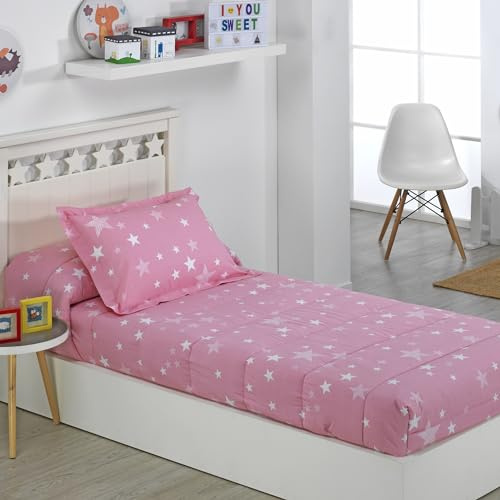 DHESTIA HOME - Edredón Ajustable Infantil Cama 90 y Cama 105 Estrellitas Rosa - Rosa, Cama 90