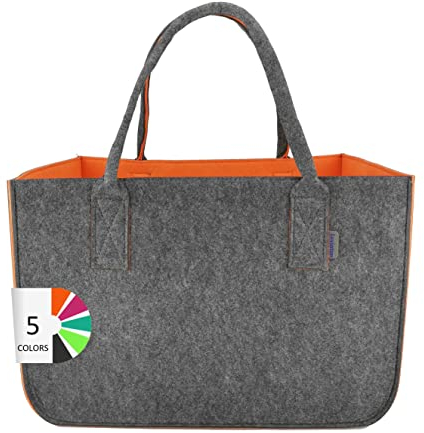 IDEA HOME Filztasche Shopper Groß-30 Liter Einkaufstasche XXL Zusammenklappbar Einkaufskorb Kaminholztasche Kleiderkorb Spielzeugtasche Dunkelgrau/Orange, XL