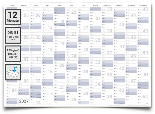 DIN B1 Wandkalender 2027 – XL Jahresplaner 100 x 70 cm, gefalteter Wandplaner, Premium Qualität, Jahreskalender 2027 in deutscher Sprache – von Gigatime