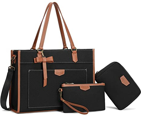Keyli 3-pack laptopväskor för kvinnor, 15,6 tum tygväska, stor arbetsväska, portfölj, axelväska, handväska, Svart_3 stycken