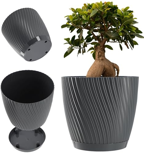 KADAX Pot de fleurs rond en plastique avec soucoupe pour plantes d'intérieur - Pot intemporel avec surface décorative pour l'intérieur et l'extérieur (16 cm, anthracite)