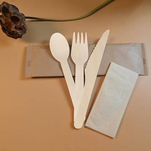 Einwegbesteck aus Holz [150 Stück / 50 set], Nachhaltiges Besteck | für Camping Party, Einzelverpackung aus Kraftpapier, Gabel-Messer & Löffel - 100% Natürlich, Biologisch Abbaubar & BPA-frei