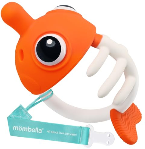 Mombella Clownfish Pesce Pagliaccio Giocattoli da dentizione per bambini 0 3 6 12 mesi con clip, Giocattolo da dentizione per neonati in morbido silicone di 9 mesi, regalo divertente per neonati