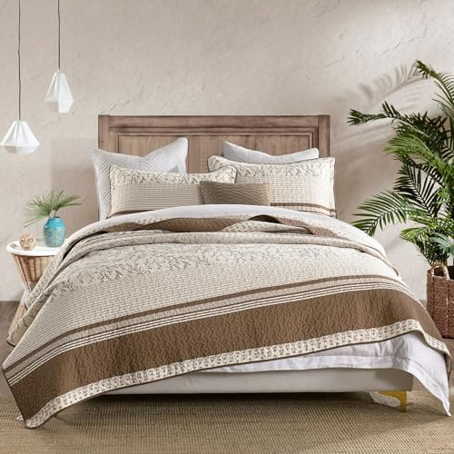 DDUOXIN 100% Cotton King Quilt - Modern Stripe Botanical Quilts with 2 Pillow Shams, Bedspread Reversible Lightweight Thin Comforter Bedding Set for All Seasons, Beaver Fur/Gray Morn/Whisper White