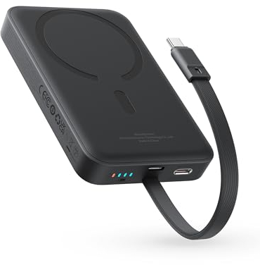 Baseus Magsafe Powerbank PD 30W, 10000mAh Magnetische Externe Batterie mit Integriertem USB-C Kabel (EIN&Aus) für iPhone 15/14/13/12 Serie, Mini Power Bank, Klein Aber Leistungsstark, Schwarz