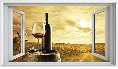 islandburner Prime Bild auf Leinwand Fensterblick Rotweinflasche und Weinglas am Holzfass Bilder Wandbilder Poster