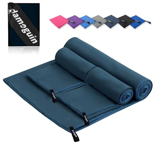 damoguin Set di 3 asciugamani in microfibra, grandi (180 x 80 cm) e 2 pezzi piccoli (80 x 40 cm), in microfibra ad asciugatura rapida, come asciugamano sportivo, telo da spiaggia e da viaggio (blu