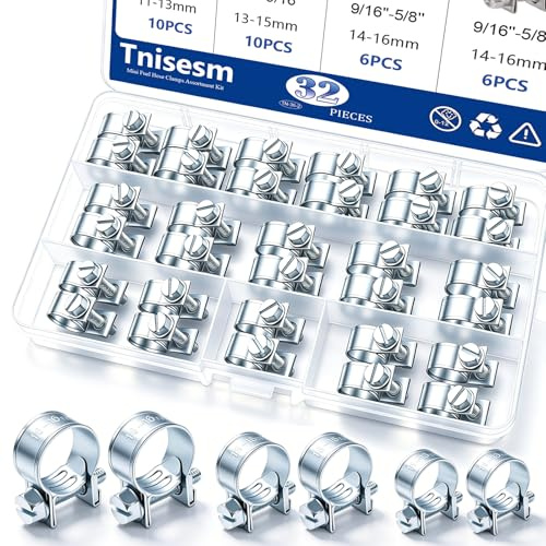 Tnisesm 32Pcs 1/4 5/16 3/8 Fuel Injection Gas Line Hose Clamps Clip Pipe Clamp Assortment Kit, Hoses Clamps Sleeving,for Automotive Diesel Petrol Pipe
