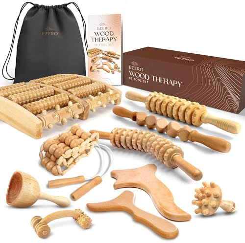 Ezero Maderotherapie Set 10 Stück mit Tasche und Anleitung - Maderotherapie Holz mit Faszienstab Holz - Massage Set mit Massageroller Beine, Faszienrolle, Body Gua Sha und Madero Massage